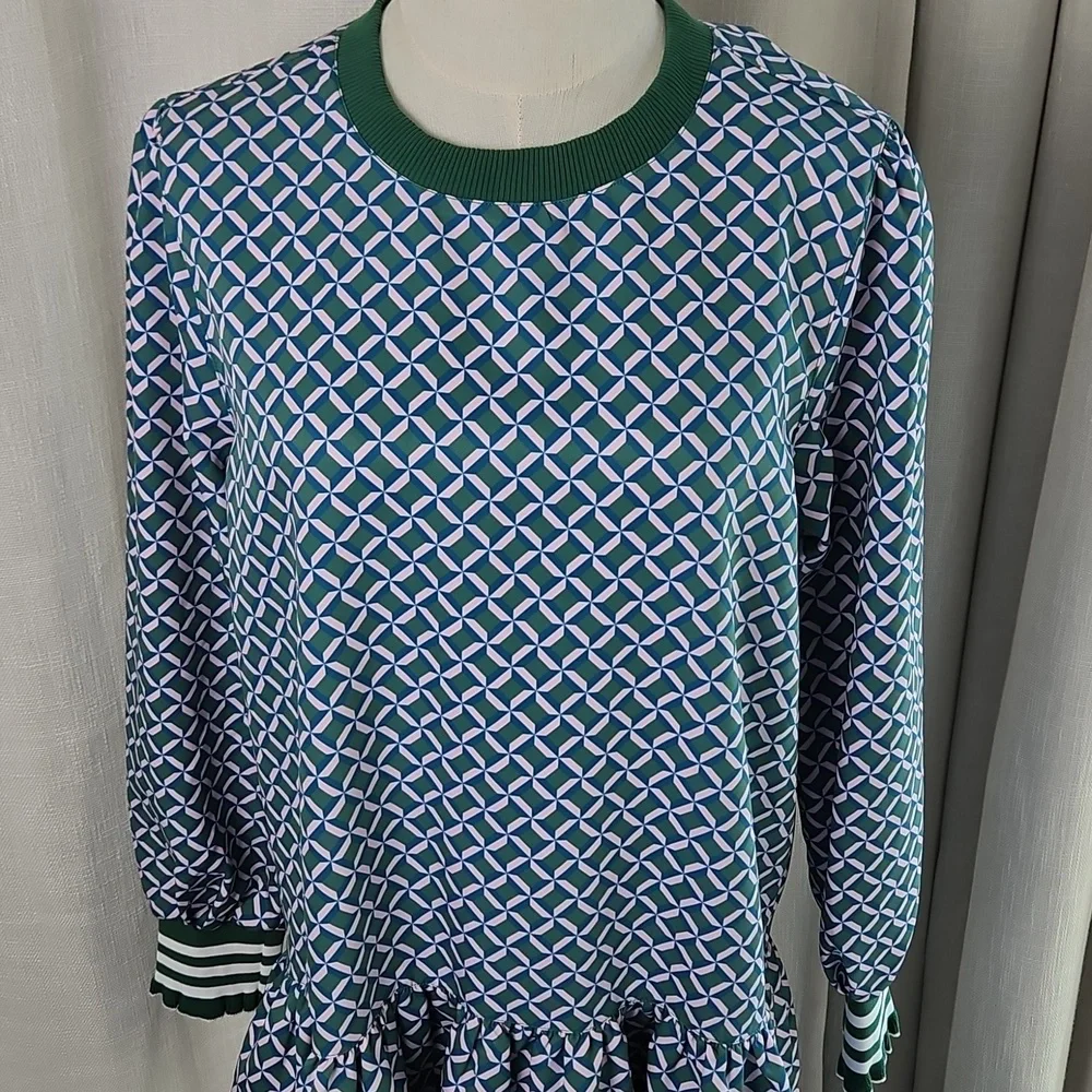 Addison Bay Long Sleeve Vine Dress: Geo Trelis- Green/Pink/Teal - Picture 1 of 15